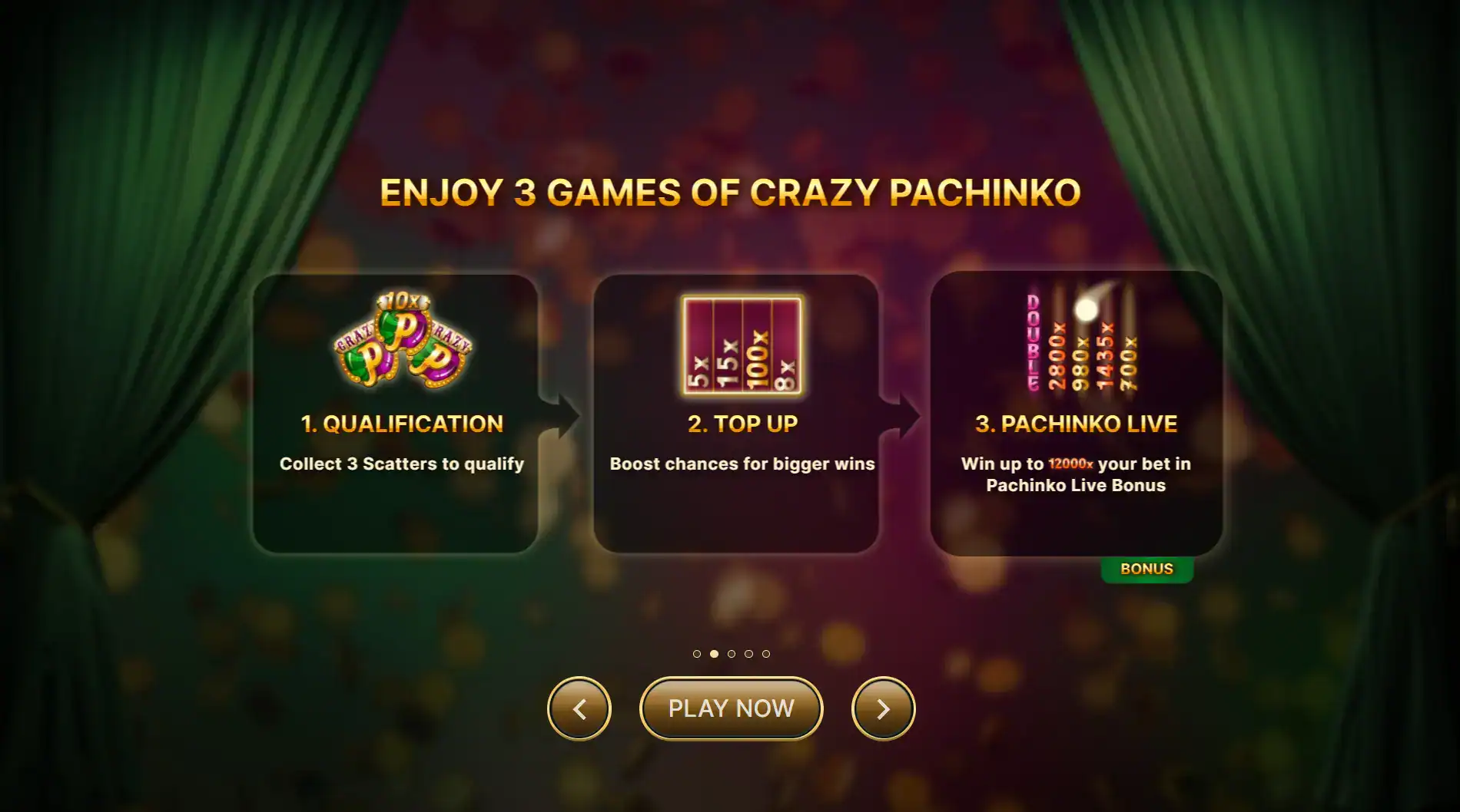 Las 3 fases de juego de Crazy Pachinko: Clasificación, Recarga (Top-Up) y la Ronda de Bonificación en vivo.