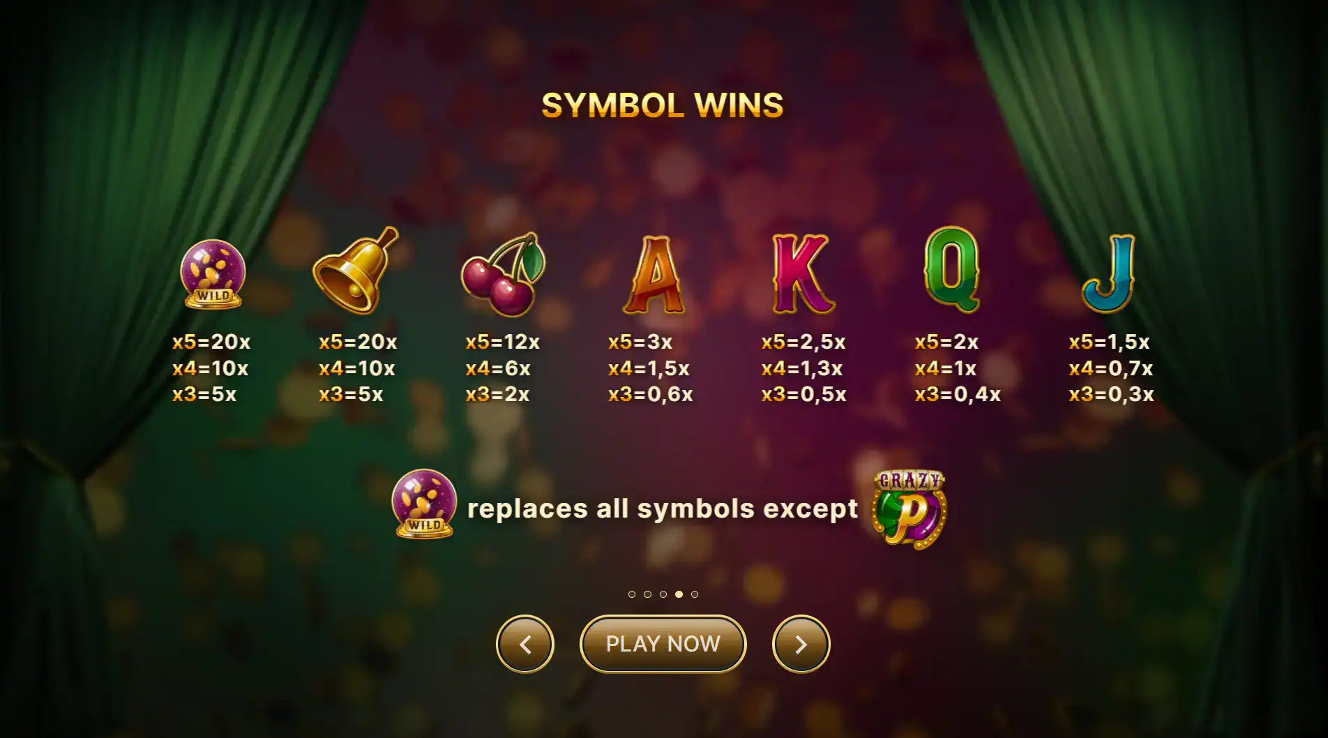 Tabla de pagos de los símbolos en Crazy Pachinko Live Evolution.